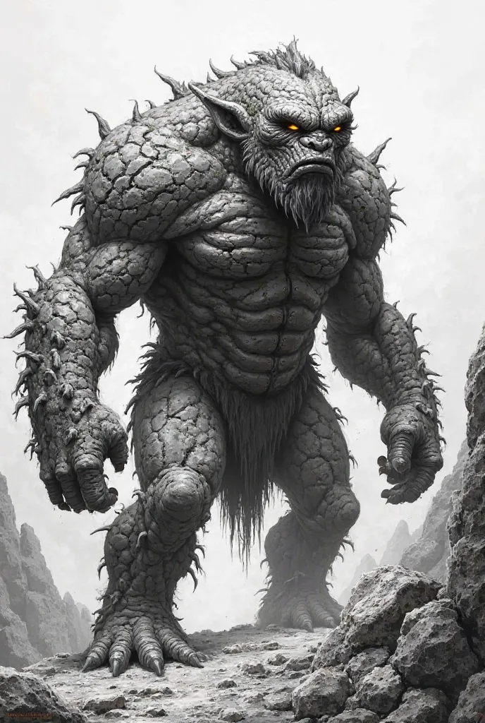 The mountain troll is a hulking, craggy creature that blends seamlessly with the rocky terrain it calls home. Its body is covered in thick, uneven stone plates, resembling a heap of weathered boulders stacked together by time itself. Jagged cracks and moss...