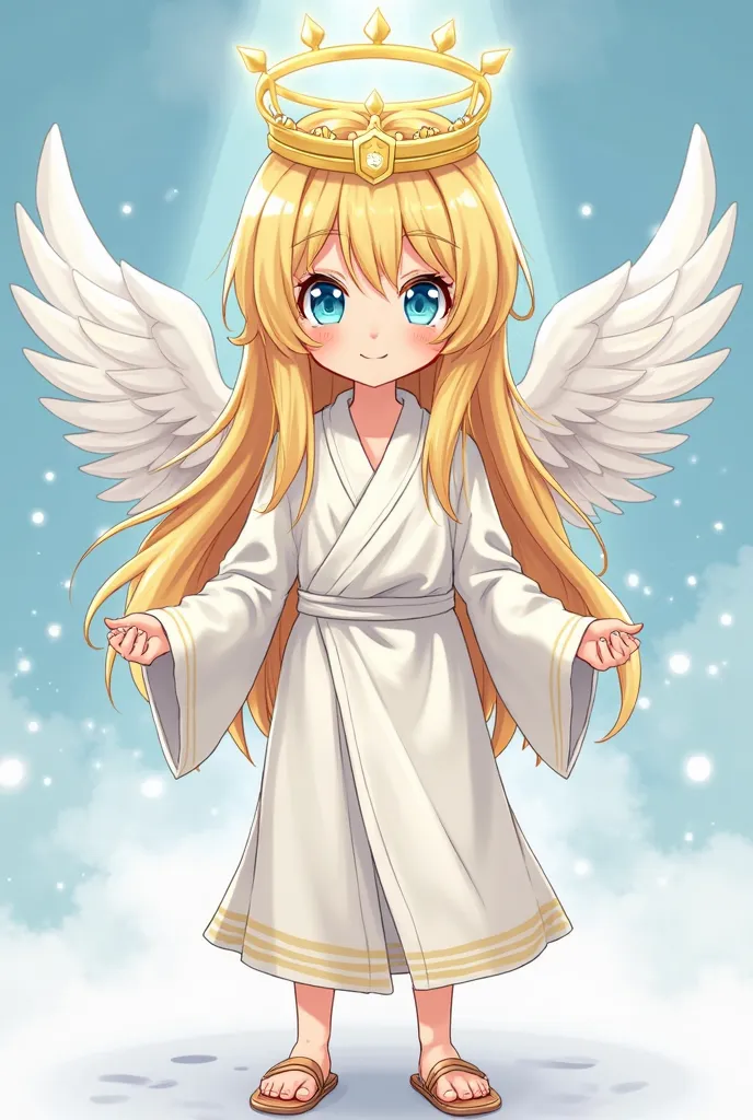 Make it anime style: a boy with long golden hair, bright blue eyes and a gentle, cute smile. Has a pair of angelic white wings a crown that resembles an areola. He wears a white robe and wears sandals on his foot.