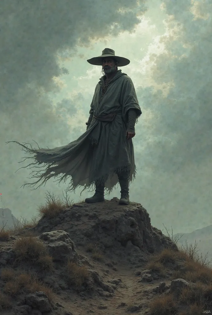 Hill with a man of about 50 years old with a poncho and hat on the top as a villain