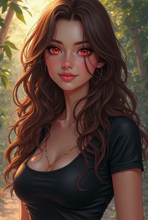 Généré moi une fille  de manga de 25 ans ultra belle et ultra sexy dehors avec des cheveux brun ondulées et longs, l'iris des yeux rouge avec un t-shirt noir