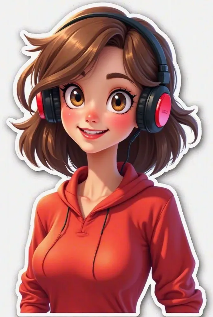 Idiot who is like a YouTube sticker and who is a woman with brown hair without a face who only sees her torso and hair and red clothes with black and red gamer headphones 