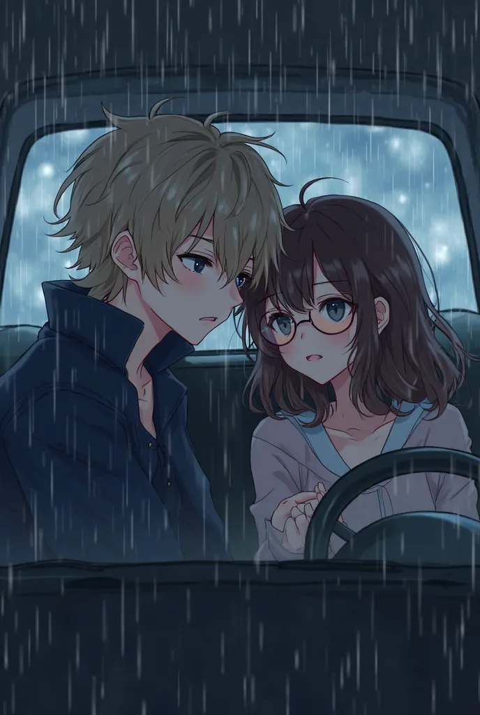 An anime girl and boy with disheveled hair like  in a car in the night rain with bruises and wounds the boy has greyish blue eyes, the pale skin and the pale blond hair that falls on their shoulders, his fringe covers one of his eyes and his disheveled and...