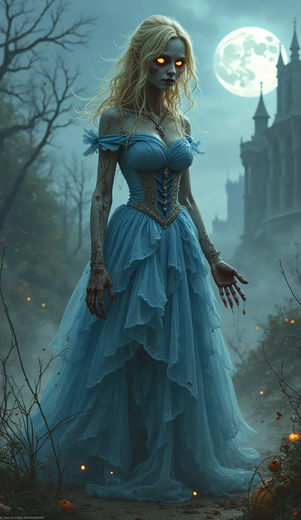 Here’s a detailed AI image generation prompt for a fusion of Cinderella and a zombie in a dark fairytale horror style:

*"A haunting fusion of Cinderella and a terrifying zombie, standing in an eerie, fog-covered landscape. Her once elegant blue ball gown ...