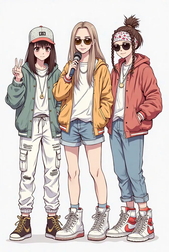 draw three girls in hip-hop style clothes, in the middle there is a girl with long straight hair with a microphone reading rap, on the left there is a girl with a straight bob without bangs with a large column on her right shoulder, on the left there is a ...