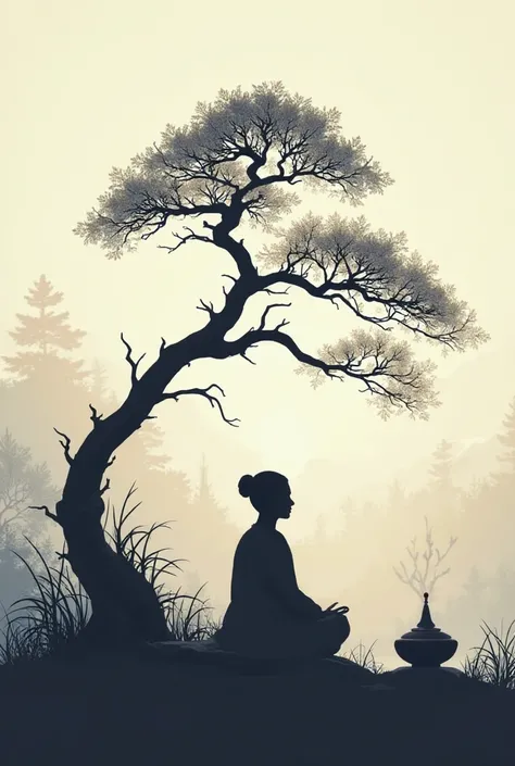 Create a silhouette of a bonsai and meditation 