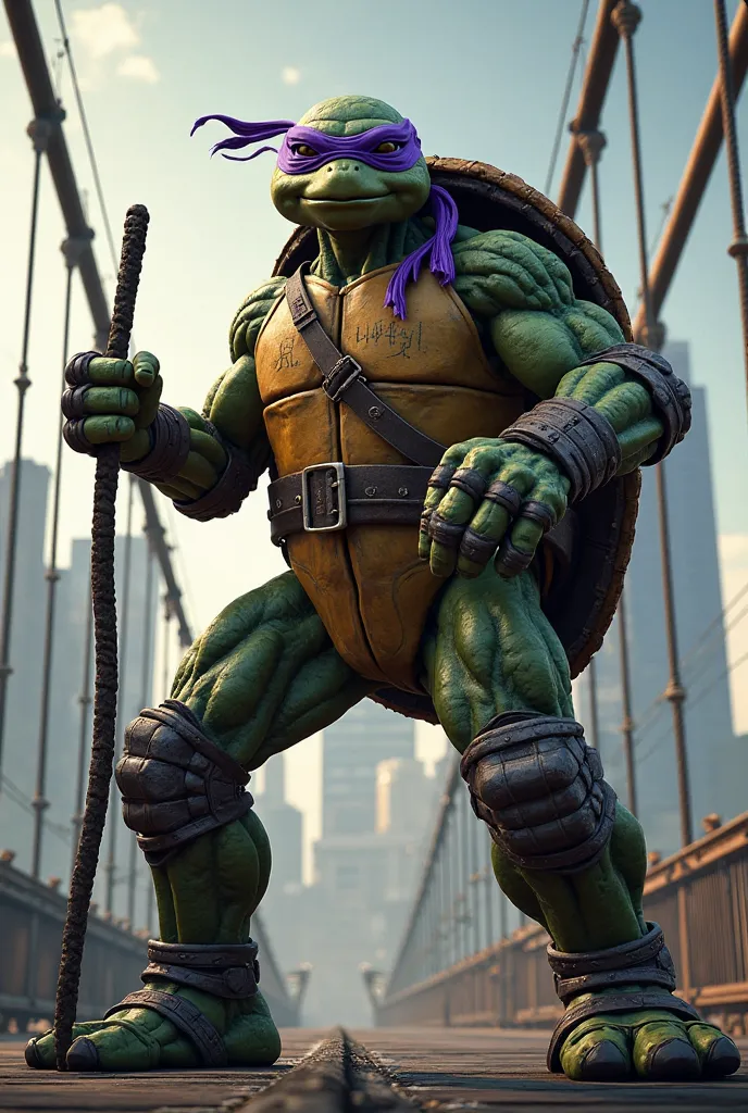 Do the donatello of ninja turtles from the franchise: Ninja Turtles- out of the shadows from the 2014 movie on top of the Brooklyn Bridge, Do him holding the cane