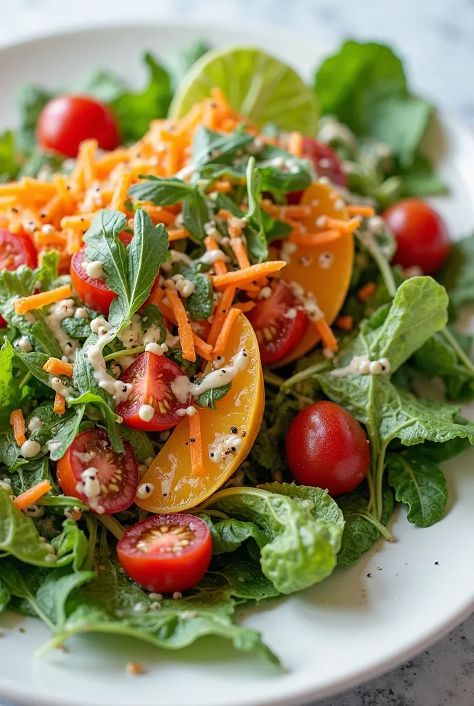 Leaf Salad:

lettuce, arugula, tomato, Grated carrot, red onion and mustard and honey dressing.
