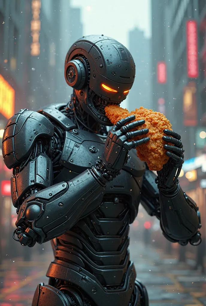 Create a robot similar to Robo Cop by eating a fried chicken leg 