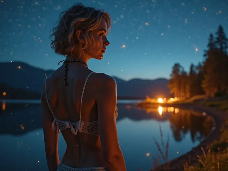 One sexy greek goddess of 28 years old with short hear.  There is lake and a campsite on the right side can been seen on the background. No swimming wear. They have a seductiv face. The sky is very starry. Some fireflies fly over the lake. A smooth orange ...