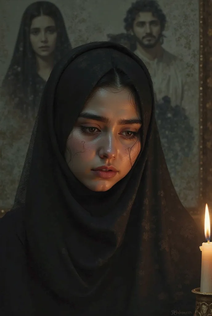 A girl with a broken heart under the photo of Imam Hussein 