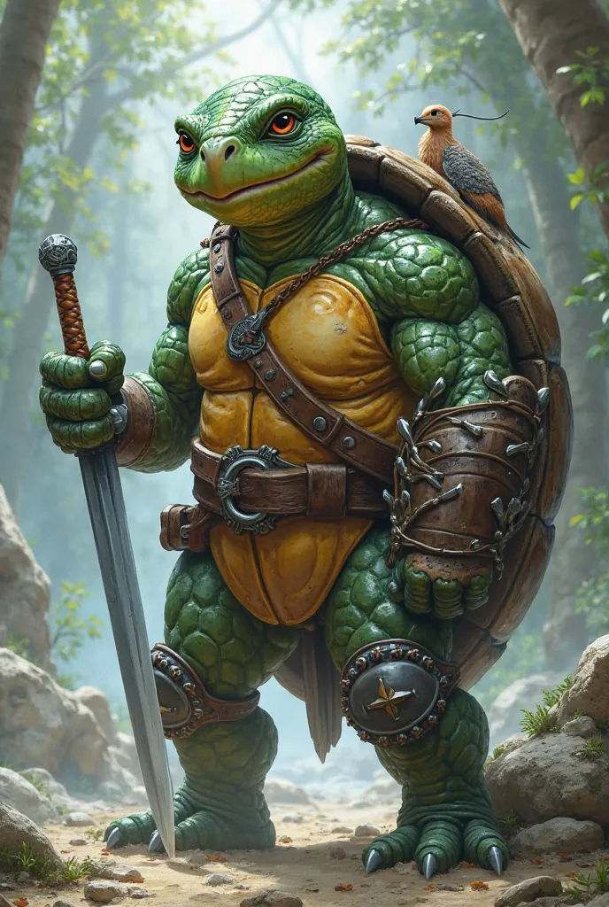 be, I want you to create my RPG character, He was a Turtle warrior, With features of a sea dragon, he had a breath of hot water, He fought with a sword and a shield and had a pet mouse inside his shell