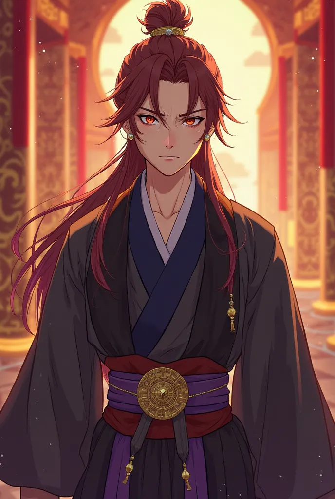 A male character with Asian features, dressed in a traditional tunic and an elaborate belt. The character is in a fantasy setting with a reddish and luminous background, has a noble and enigmatic air.

 Visual Details:
rostro:
hair: long, reddish brown bow...