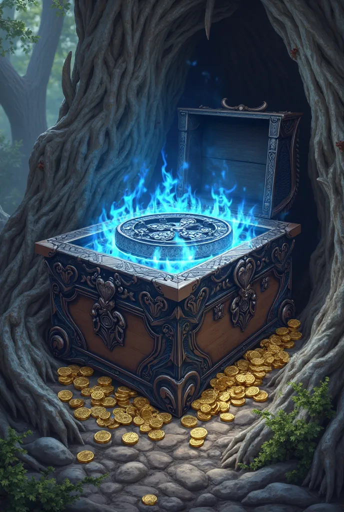 Inside the chest was coin , The crest of all colors is a black metal with a blue flame around it , Inside the tree 