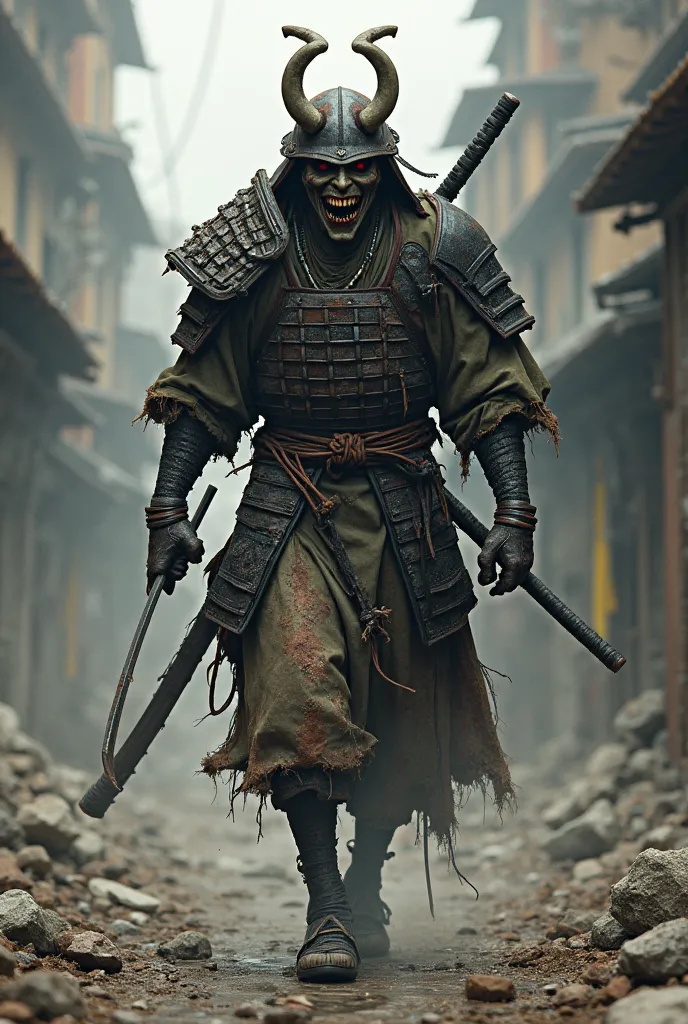 Zombie ronin wearing oni mask in post apocalypse