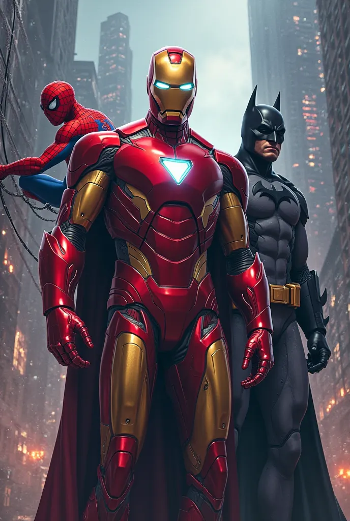 Create an animated image of Iron Man's Spider-Man and Batman together 