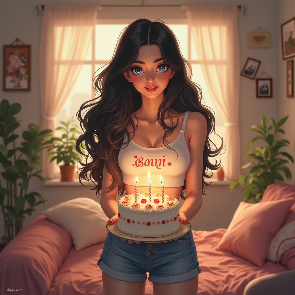 Generate me a picture of a female on her birthday, black hair, blue eyes, full white skin with name Bani on her shirt, holding a cake, crop top, house background,cute