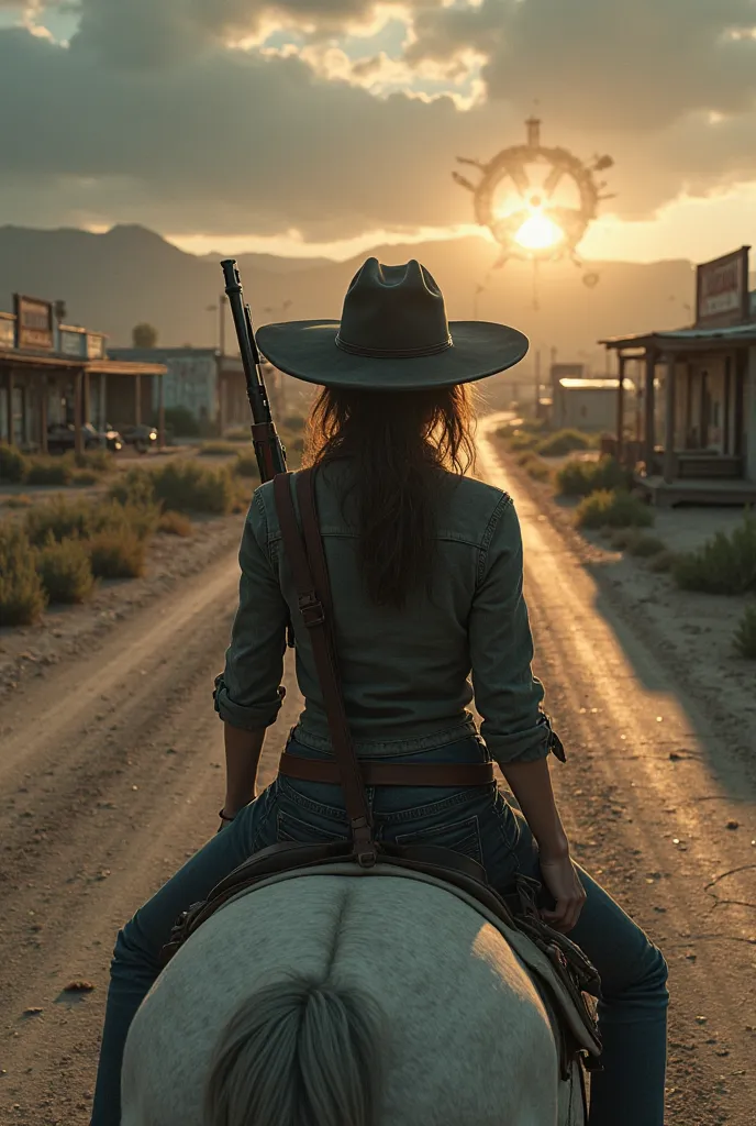 A gritty, post-apocalyptic scene featuring an 18-year-old girl with a determined expression, sitting atop a sturdy grey horse. She wears a black suede cowboy hat with a flat rim, casting a shadow over her face, and has a rifle slung securely across her bac...