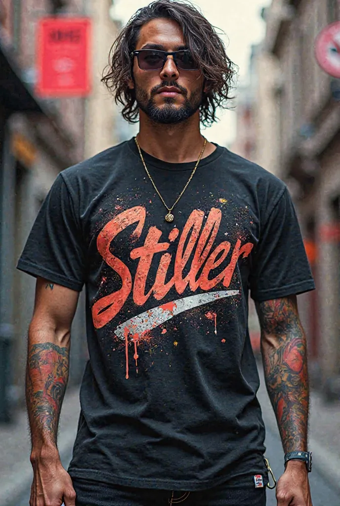 Create a t-shirt with a brand logo that says Stiller written in an urban way