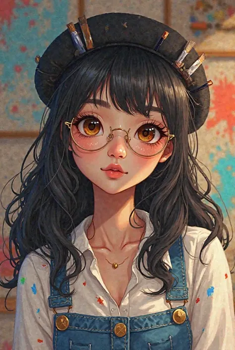 "VTuber with long, slightly wavy black hair, Asian-inspired almond eyes, light brown skin, using round gold-framed lenses. She wears a black beret adorned with small brushes, a white blouse with paint stains and a denim vest. Set in an art studio with spla...