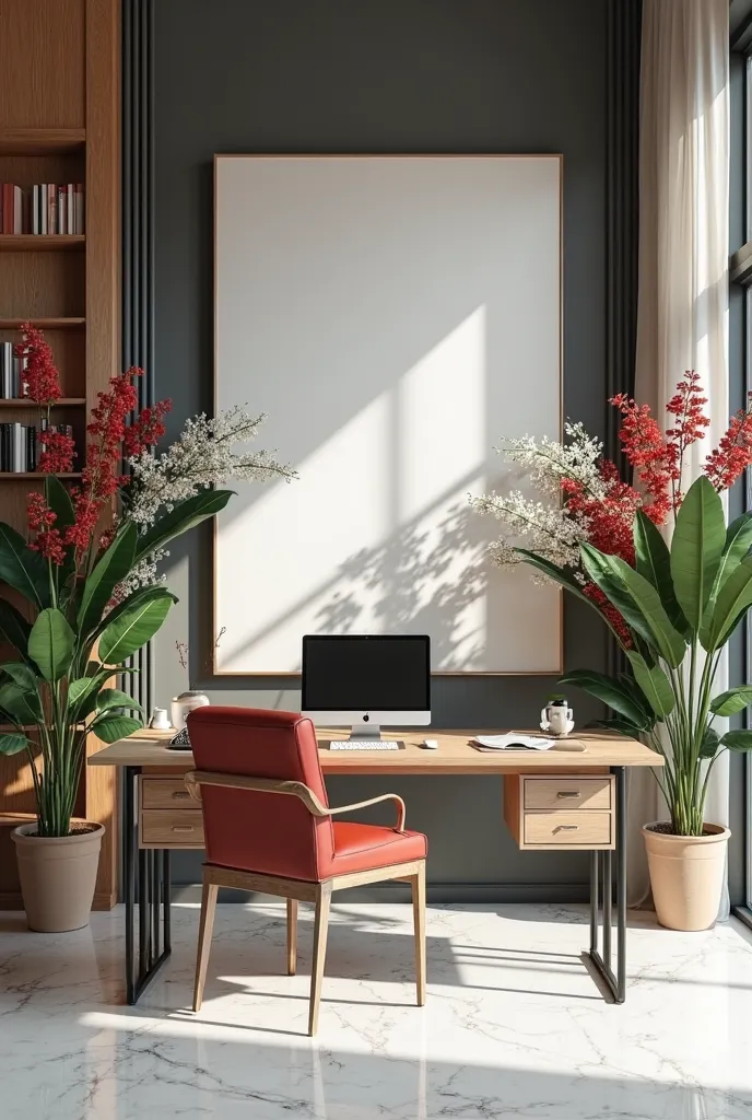 Chic luxury feminine office with red and white flowers, plants and a giant black-and-gray frame and a computer on top of a table and a brown bookcase and white marble floor. 