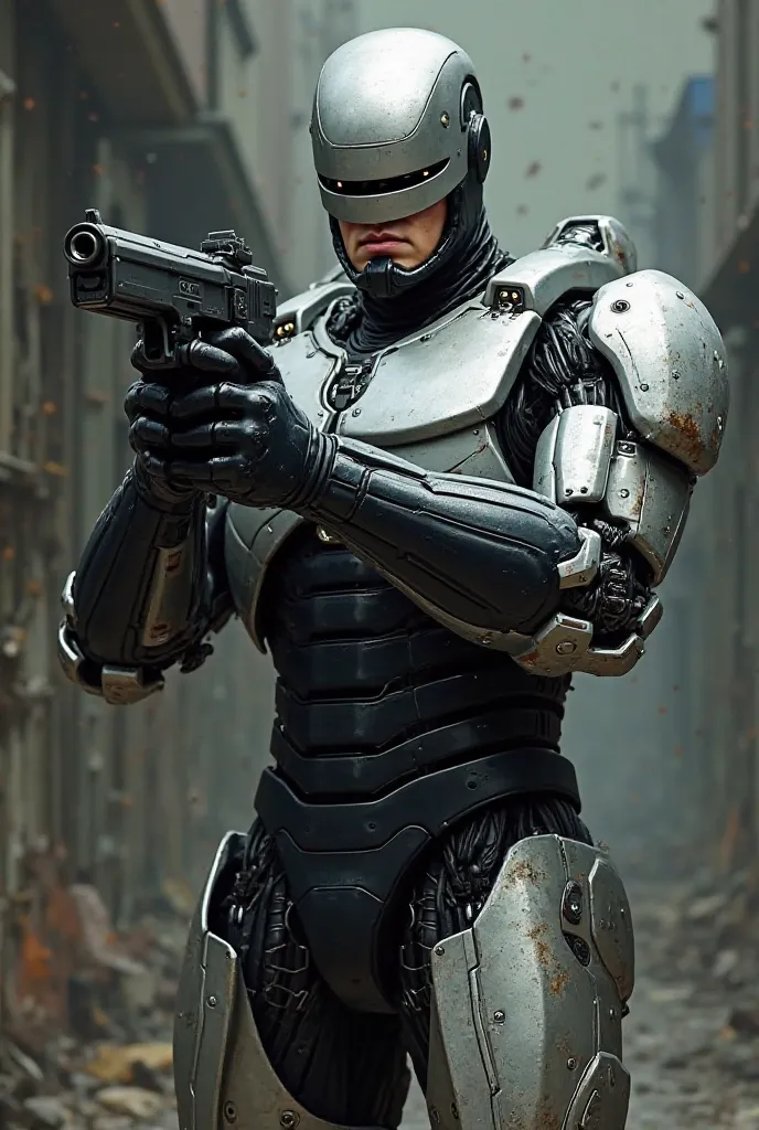 Robocop realistic version who is about to fire his weapon