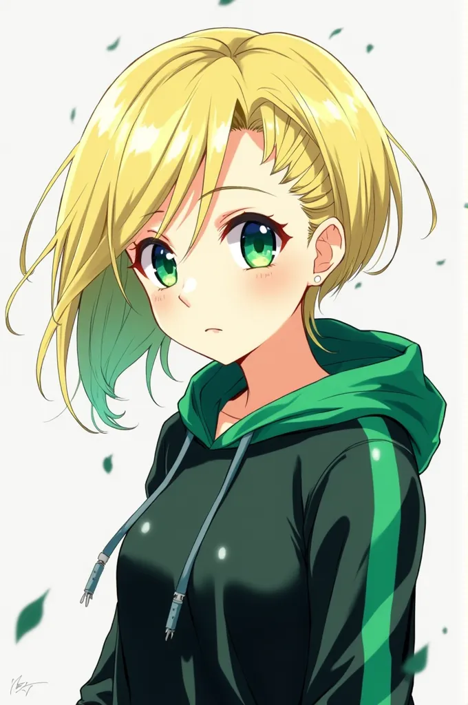 Une image de dessin animé manga, une femme, peau claire, au cheveux court d'un côté et très court de l'autre, de couleur blonde, au yeux vert émeraude, avec un sweat à capuche noir et émeraude 