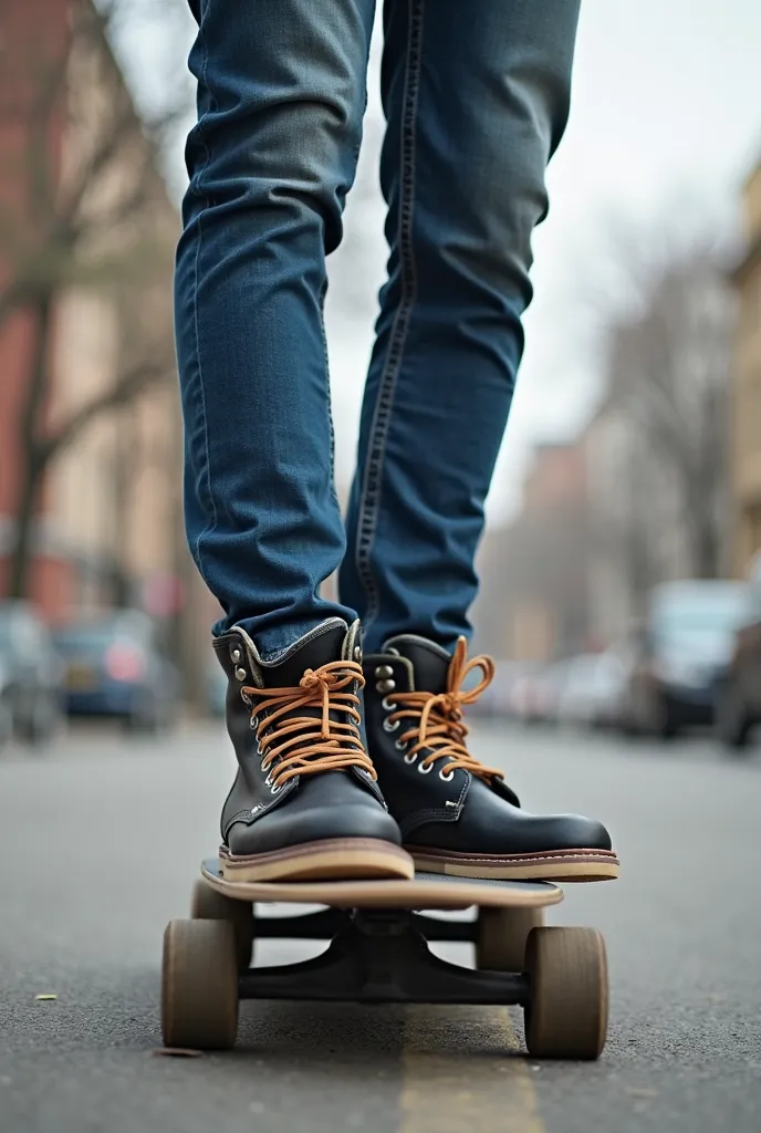 someone is standing on the ground with their feet on a skateboard, a picture by Romain brook, reddit, realism, wearing jeans, close up to a skinny, jeans and boots, tight blue jeans and cool shoes, very very low quality picture, ( ( ( wearing jeans ) ) ), ...