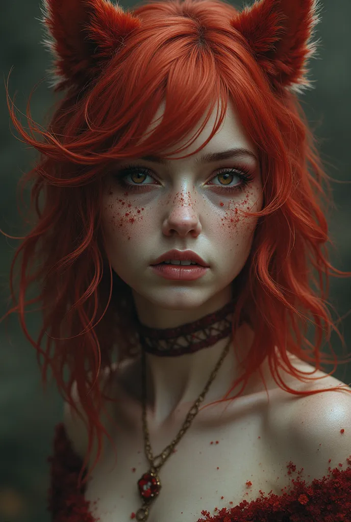 Feral girl, shoulder-length scarlet red hair, long hairy scarlet feral ears, dark coloured droopy eyes, 2fangs, thin lips