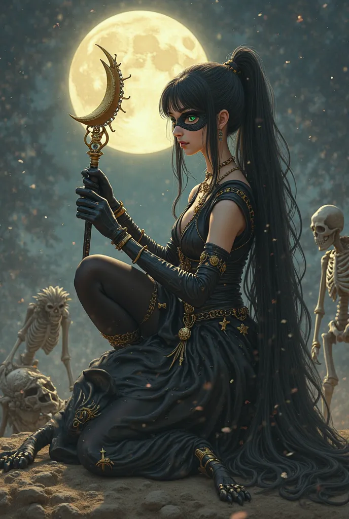 apocalyptic world background war of skeletons against dragons in the middle there is an image of a beautiful girl full body.You must have long black hair and in a high ponytail ,  with a sailor moon costume but who has the costume colors black , gold and a...