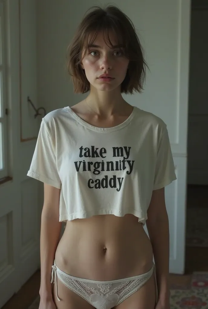 18-year-old girl face white thong transparent flat chest the t-shirt says take my virginity daddy entering a room.