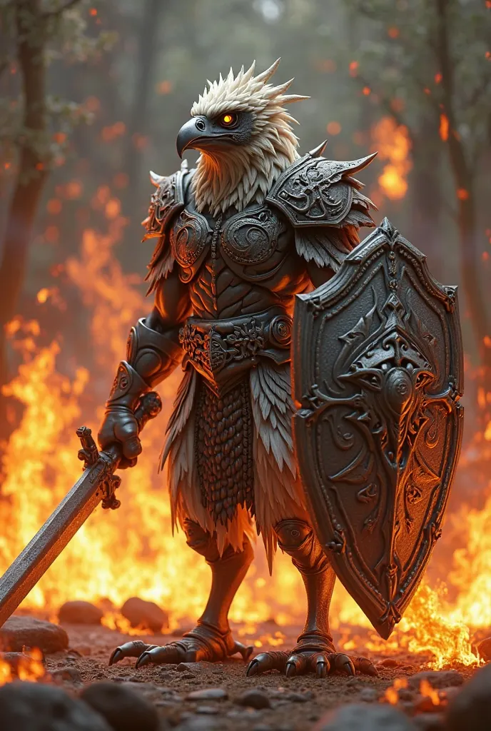 Create full body HD image of a bird called I want I want in human form ,  with a sword in his right hand and a shield in his left hand  ,  And fire to the ground 