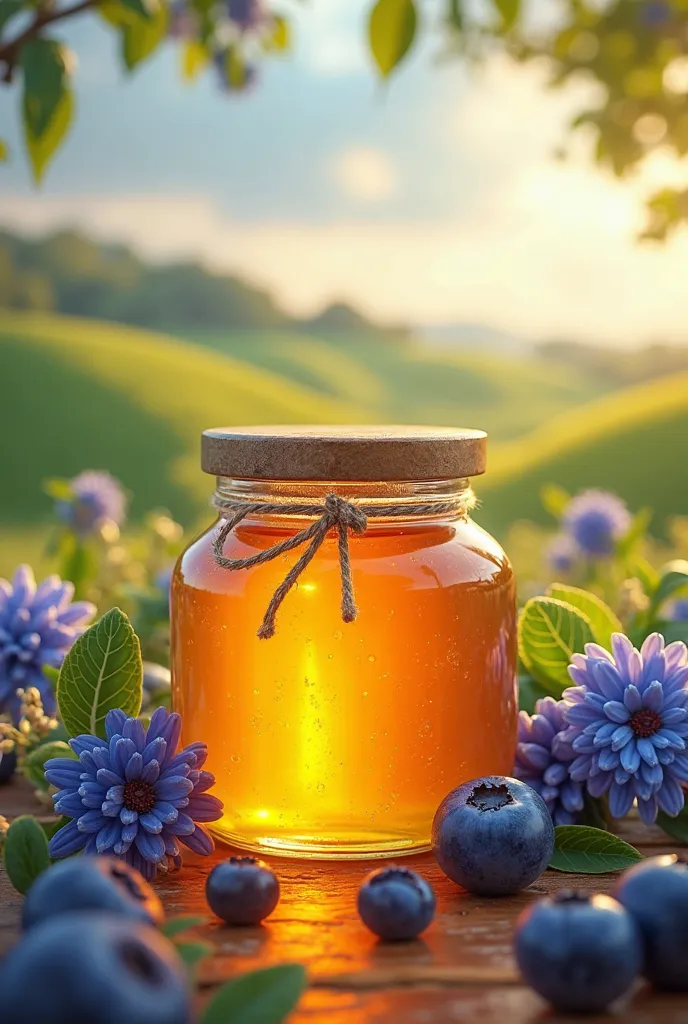 Make a poster containing a phrase about sweet, blueberry honey should be a sign that promotes the sale of these products