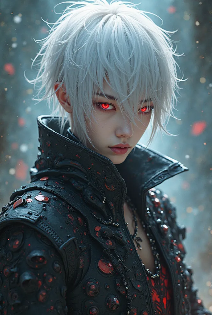 Create a male character with white hair with red eyes and an anome-style outfit