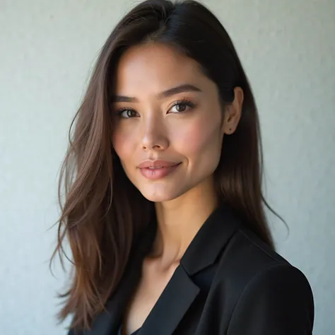 crée l’image très réaliste d’une femme aux cheveux brun foncee mi longs sous les epaules et lisse pour une photo professionnelle pour un CV 