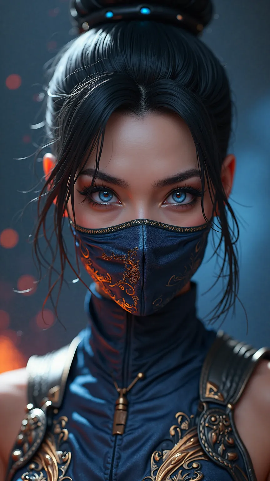 A hyper-realistic, ultra-detailed close-up portrait of Kitana from Mortal Kombat, focusing on her face and upper body. Her piercing blue eyes glow subtly, framed by thick, dark lashes and elegant arched eyebrows. Her raven-black hair is styled into an intr...