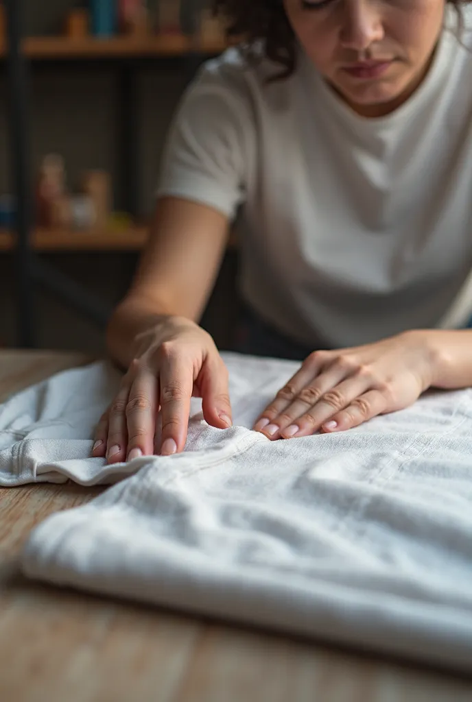 Show an image of a person smoothing a t-shirt