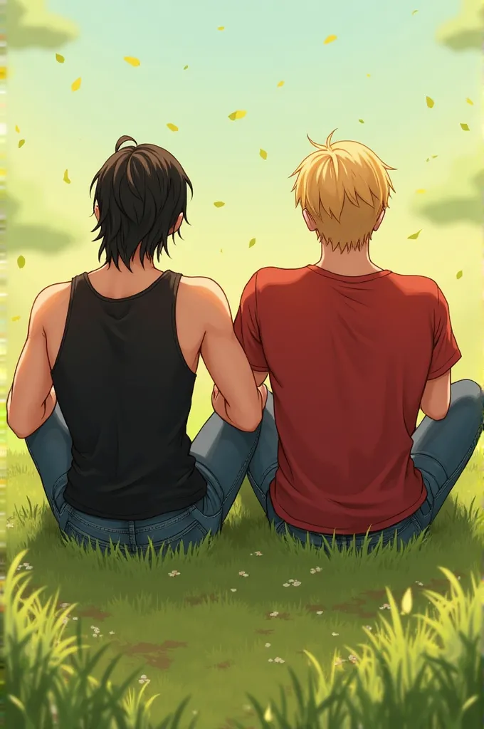 Two men sitting with their backs on the green grass, one of them is dressed in a black tank top, and jeans, he is white with straight black hair, half tied and half loose, the other man is blond with short and straight hair, ele está usando uma camiseta ve...