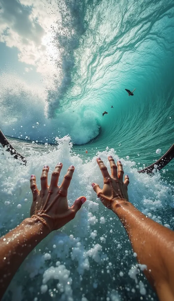 "An ultra-realistic POV image capturing the moment the wave hits. Hands struggle against the violent current, debris floats around. Vision is distorted by foam and the overwhelming force of the water."