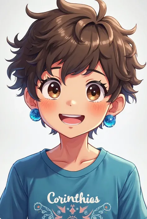 Brunette boy with short curly hair Corinthias t-shirt and shiny blue earring smiling 