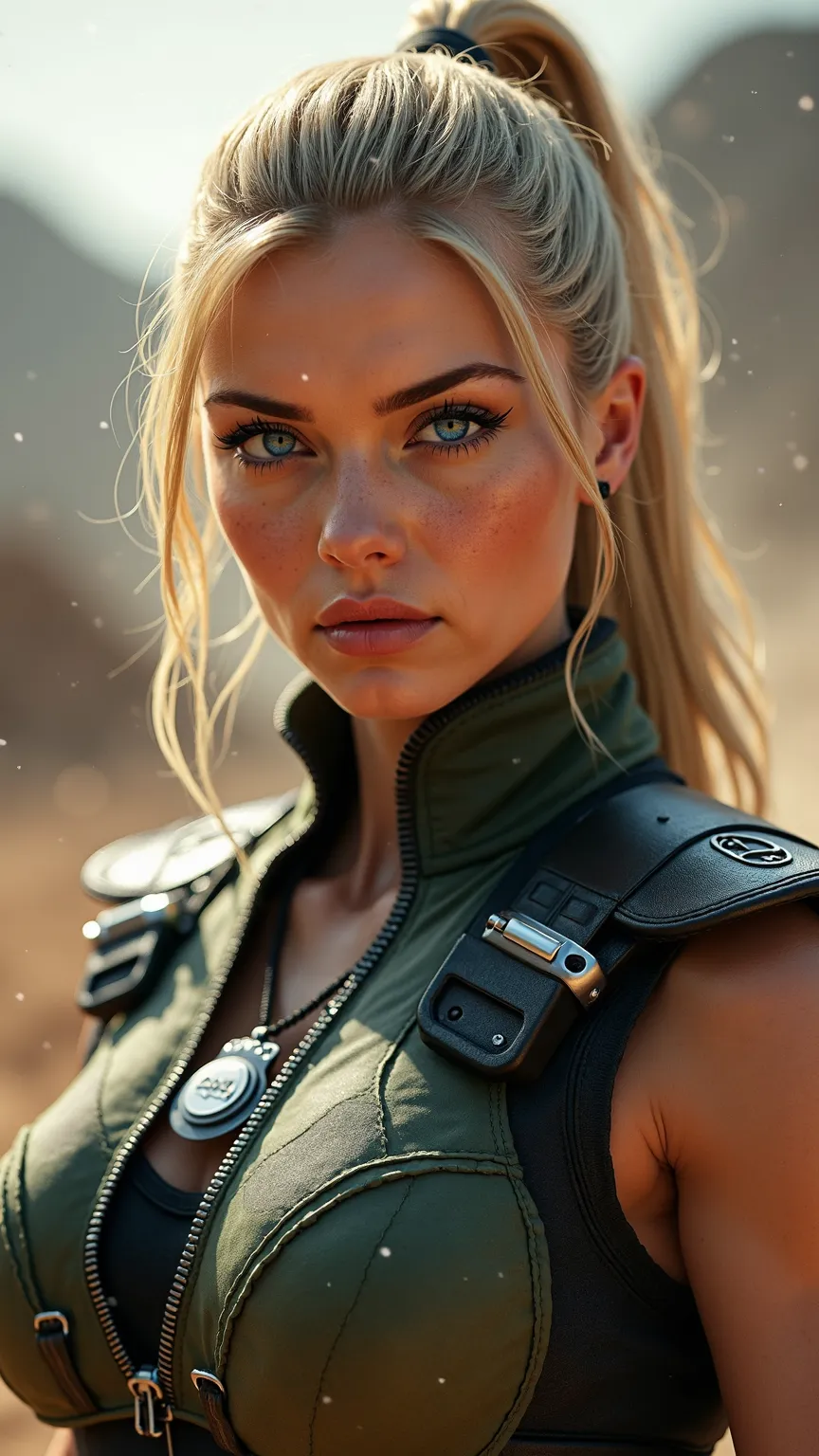 "A hyper-realistic, ultra-detailed close-up portrait of Sonya Blade from Mortal Kombat, focusing on her face and upper body. She has piercing blue eyes filled with determination, sharp eyebrows, and a strong yet feminine jawline. Her blonde hair is tied ba...