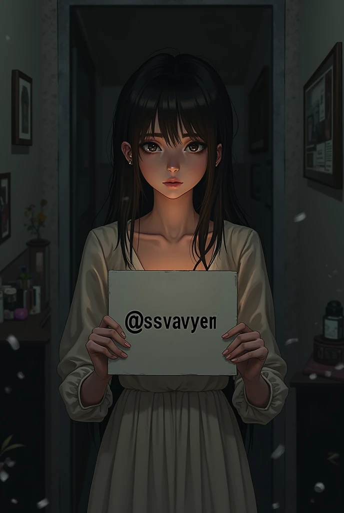 A beautiful girl is holding a sign with an inscription @ssvayper in a dark room