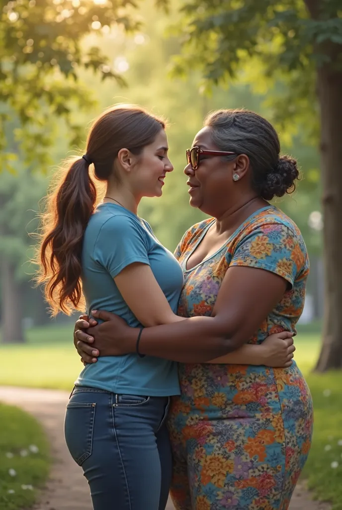 Create a realistic image of a young woman, handsome and slender bodied,  fair and white skin, light brown hair, wearing jeans and a tight blue shirt being carried in her lap by an elderly obese black woman wearing a jumpsuit and sunglasses in the park.