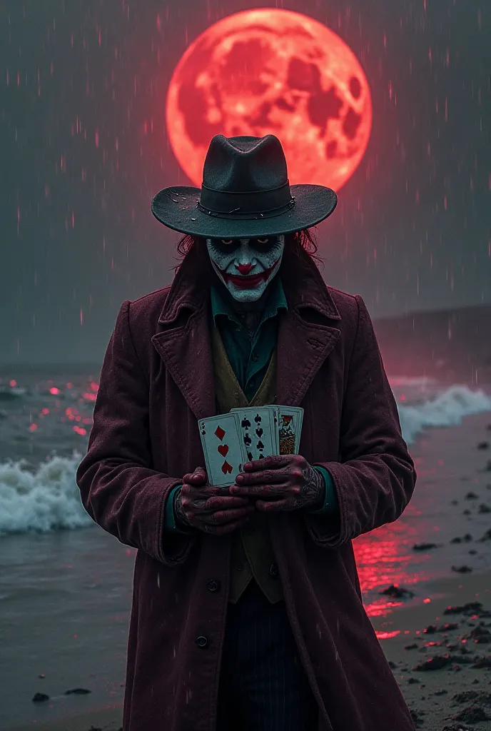 
Make me a Joker 🃏 on the beach at night and with a bloody moon raining blood and with cards in his hand turned backwards in the dark e de chapéu tampando os olhos