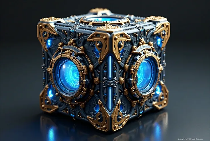 Futuristic cube, intricate mechanical design, cyberpunk aesthetic, glowing blue accents, gold filigree details, dark metallic surface, complex patterns, sci-fi technology, 3D rendering, high-contrast lighting, mysterious device, steampunk influences, ornat...