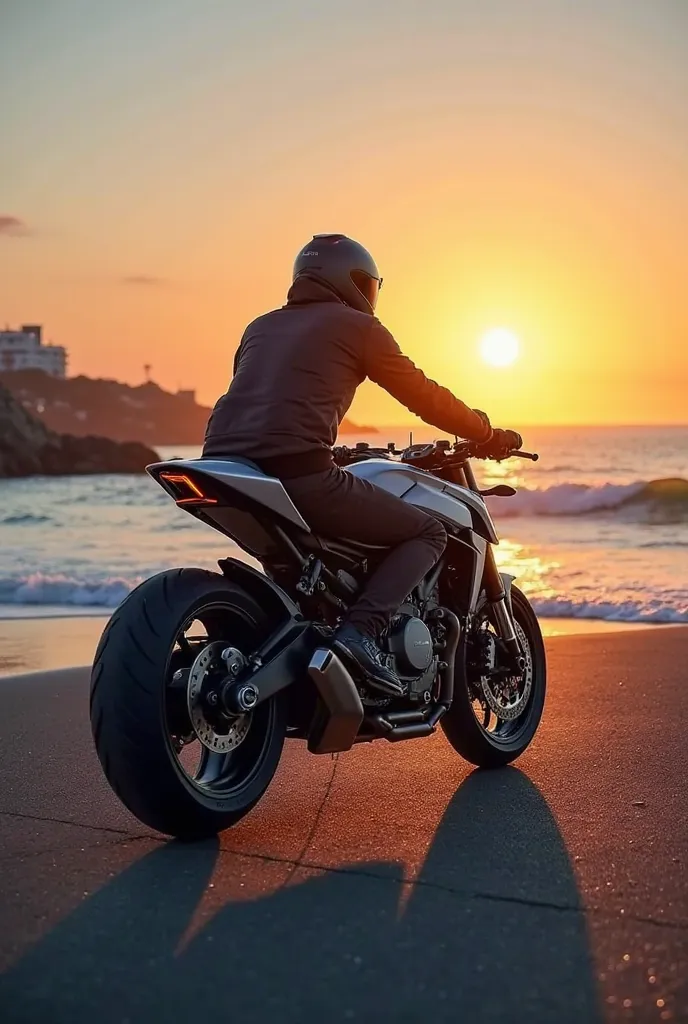 A motorbike facing the sea at sunset