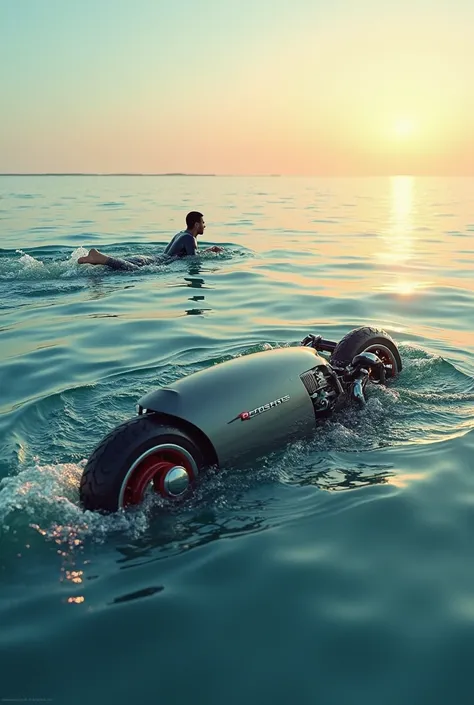 A swimmer with an overturned H2 motorbike at sunset in the sea