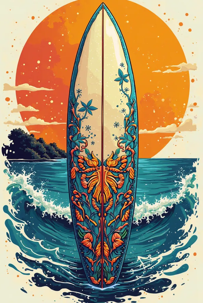 A logo with a surfboard that has Alex Flores Art and Decoration written on it
