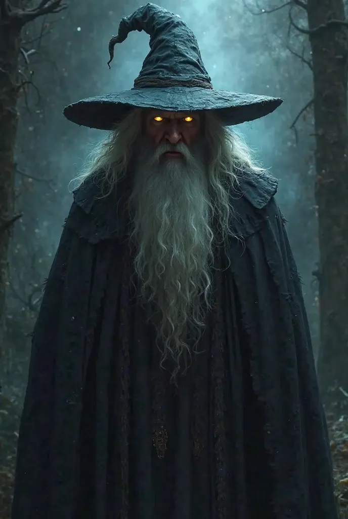 A fierce witch with a long white beard with his face hidden by his pointy old hat with 
glowing white eyes