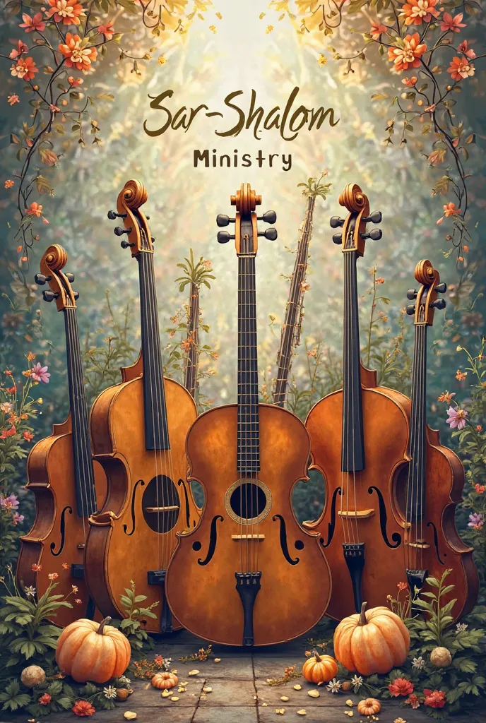 Musical instruments with backgrounds and a title that says SAR-SHALOM Ministry