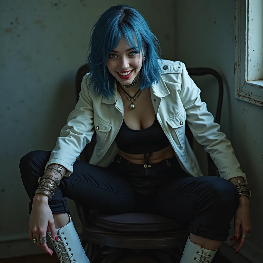 Portrait of a psychotic young woman, crazy smile, grinning eyes, psychopath, perfect pale white skin, with shoulder length hair, crazy blue hair, unkept hair (photorealistic:1.2) black pantsuit, with a white leather jacket, multiple pockets, metal bracelet...